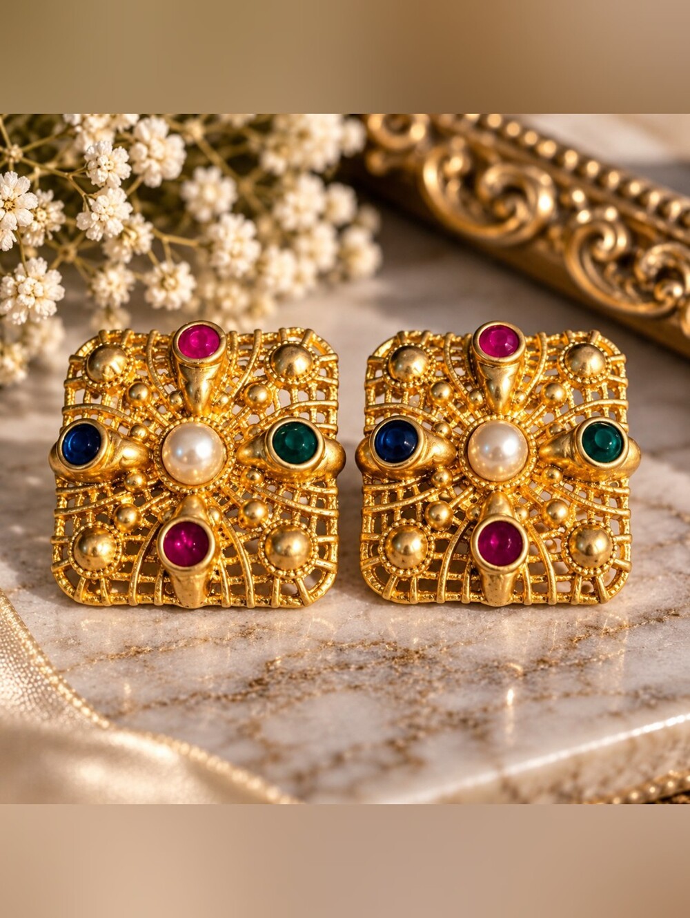 Vintage Two Sisters SignedbEarrings Gold Tone Multicolor Cabochon Pearl